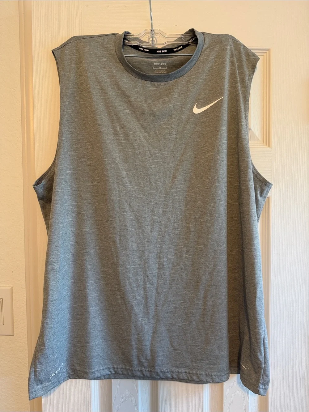 Nike Men’s Gray Sleeveless Dri-Fit Swim Tee with White Swoosh